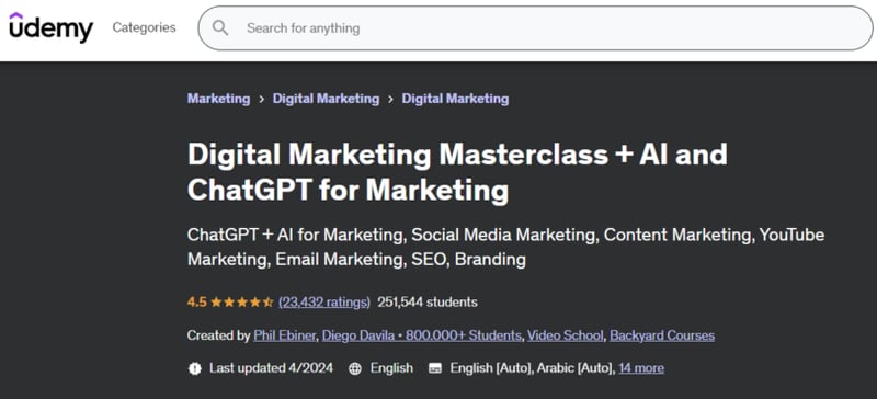 Udemy’s Digital Marketing Masterclass + AI and ChatGPT for Marketing