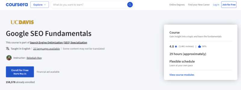 University of California, Davis’ Google SEO Fundamentals