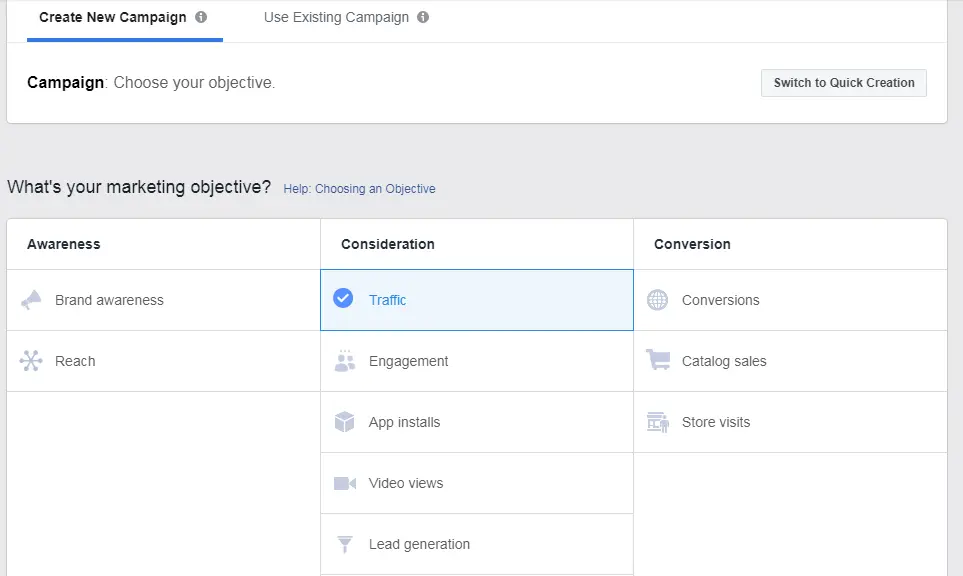 Facebook: create new campaign