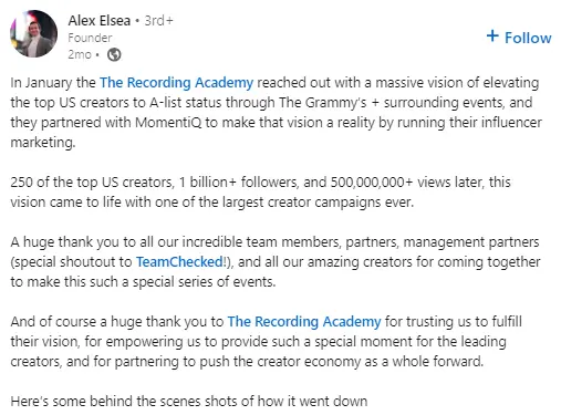 The Recording Academy case study linkedin post