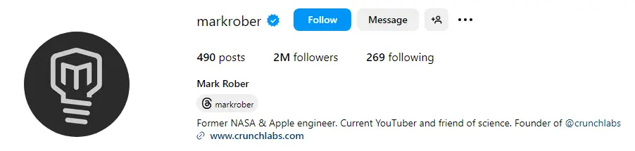 The Instagram Bio of popular YouTuber Mark Rober