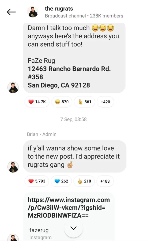 FaZe Rug Instagram broadcast channel