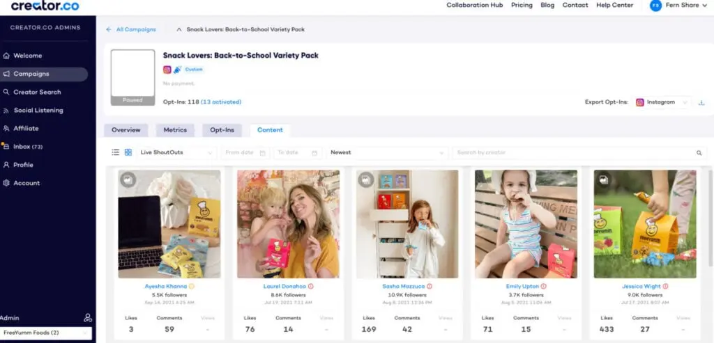 content dashboard Creator.co