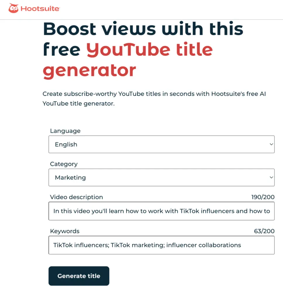 Hootsuite’s  AI YouTube Title Generator