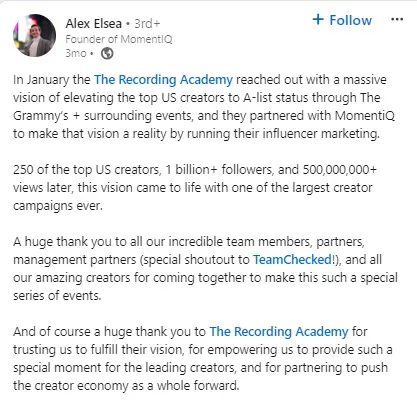 Alex Elsea’s LinkedIn post