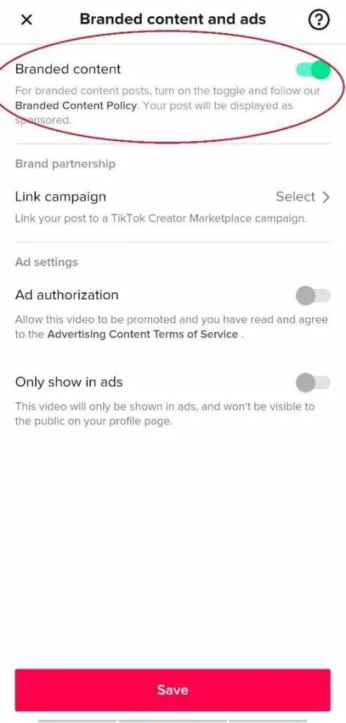 Enable Branded content tiktok