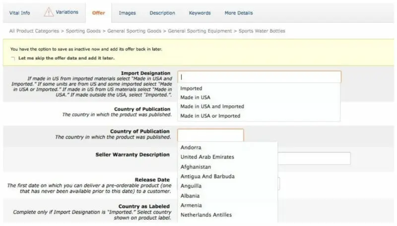 Amazon Offer Tab / Import Designation field