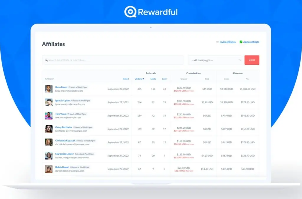 Rewardful affiliates list