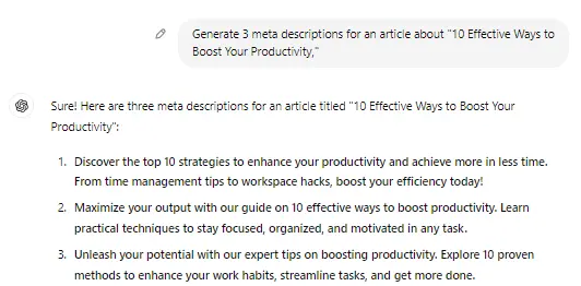 ChatGPT meta description generation 