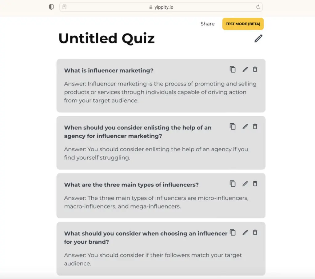 Yippity Quize example - AI Tools That Can Make the Education Industry Smarter