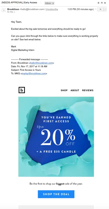 Brooklinen: “Accidental” Early Access Email