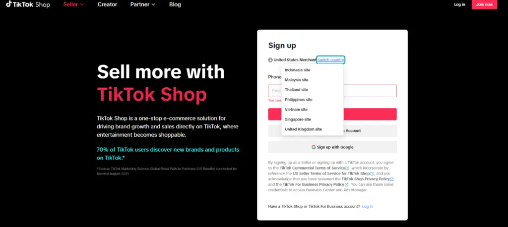 TikTok Shop sign up