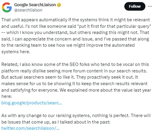 Google Search Liaison tweet