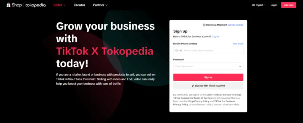 Sign-Up pages TikTok Shop