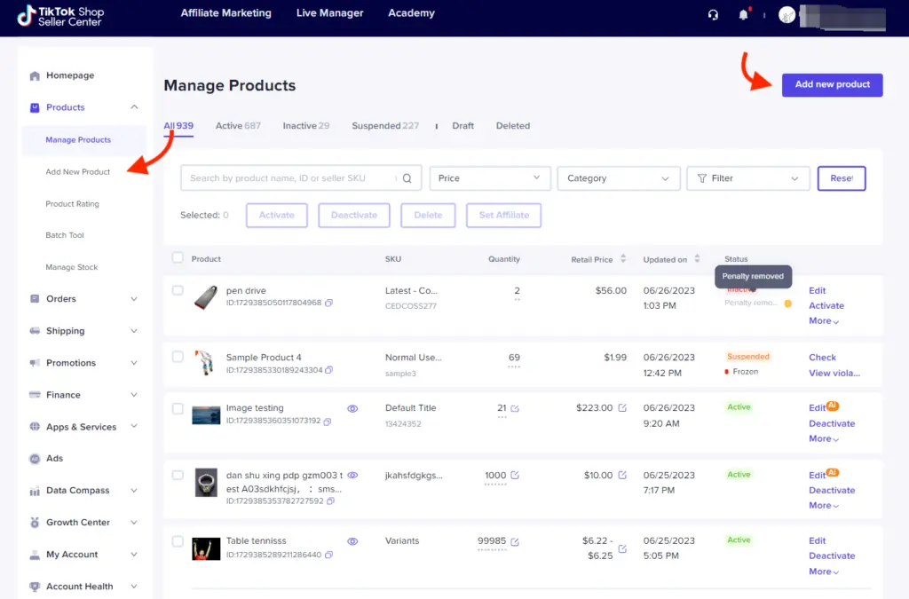 TikTok Seller Center account / Add New Product