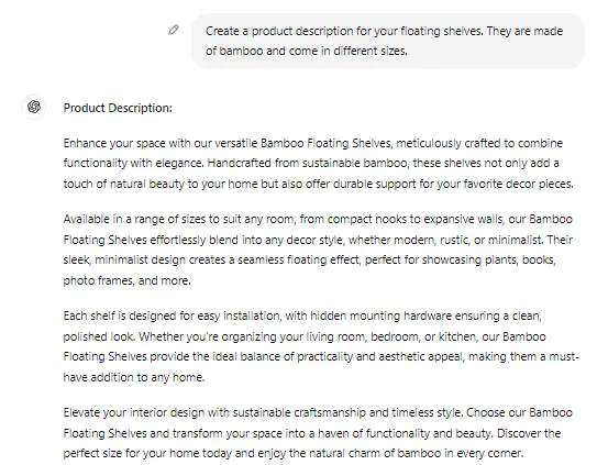 ChatGPT product description generation