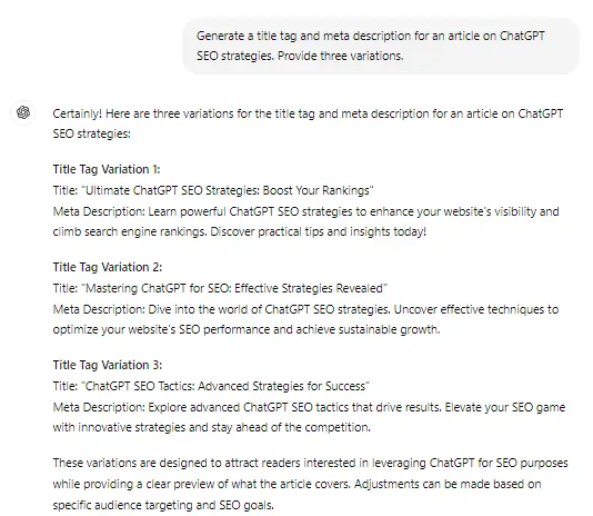 ChatGPT meta title and meta description generation