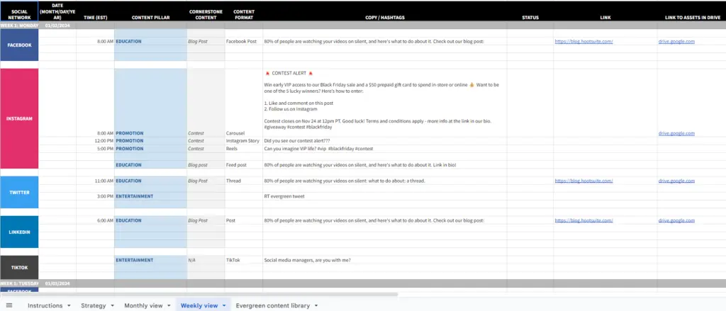 Content Calendar Example