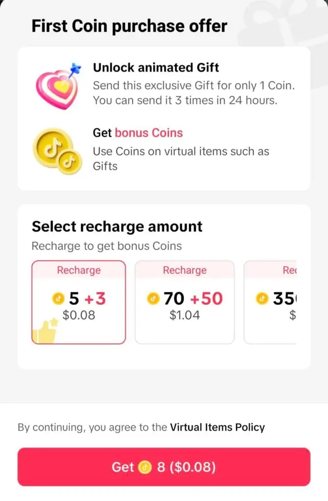 Tiktok live gifts purchase coins 
