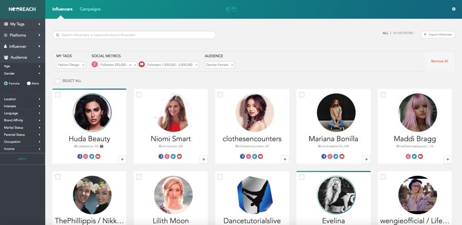 neoreach influencers dashboard