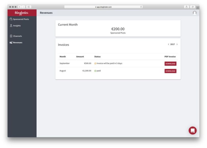 blogfoster influencer dashboard