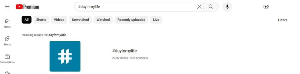 YouTube #dayinmylife search