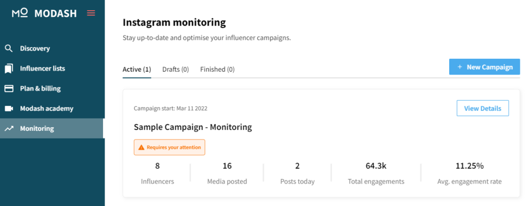 Monitoring campaign Modash