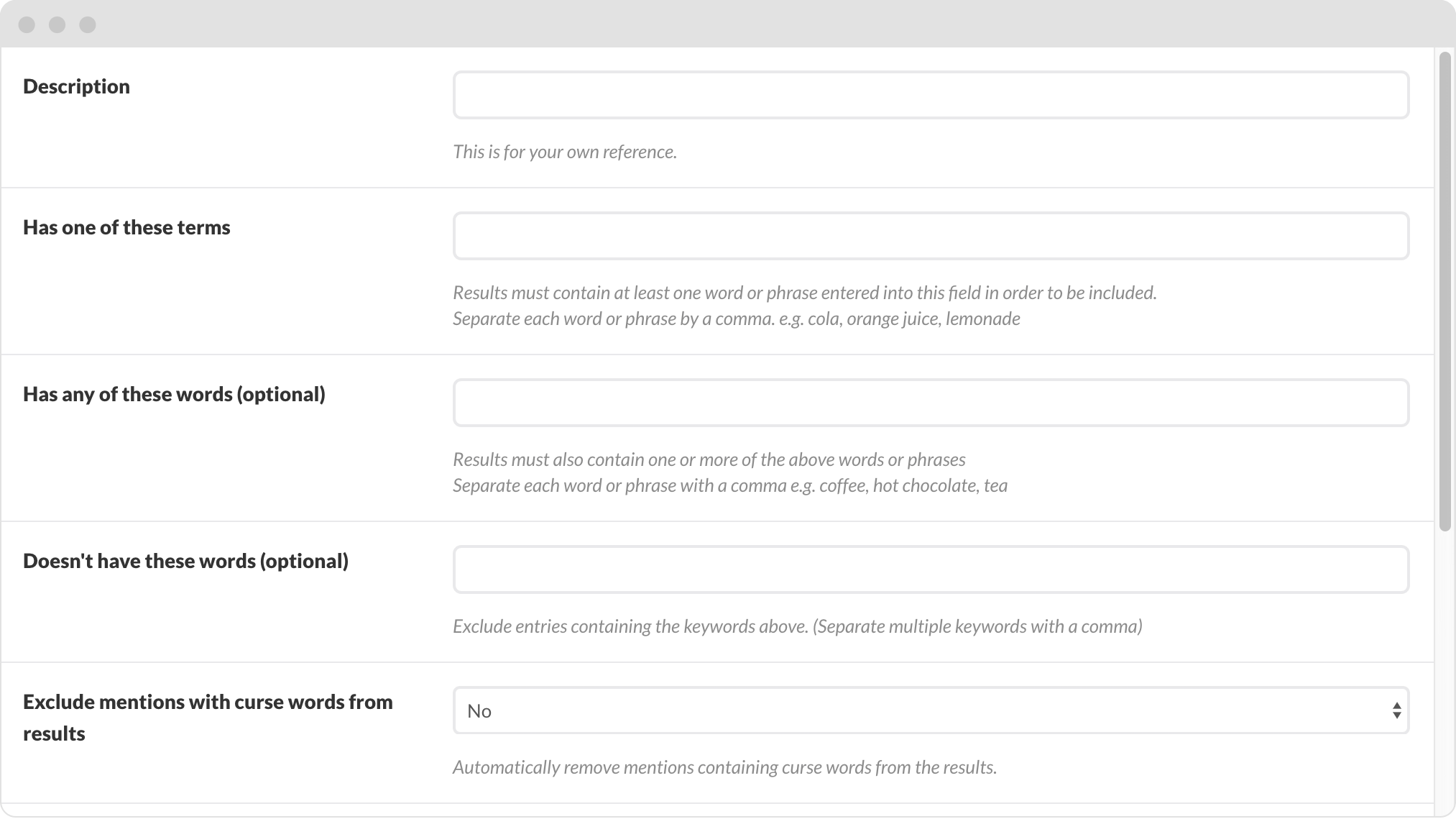 Sendible’s keyword monitoring setup