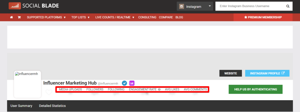 Social Blade Instagram analytics example