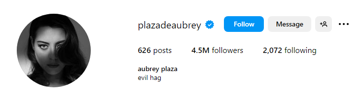 The Instagram bio of Aubrey Plaza