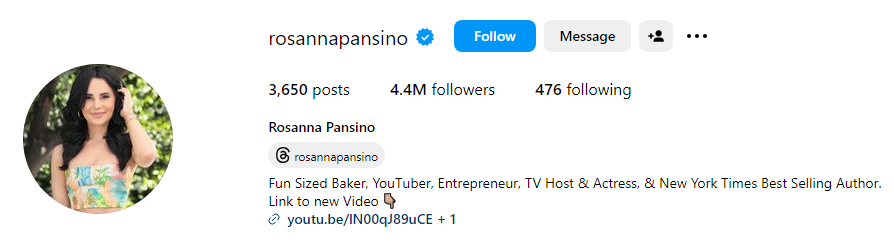The Instagram Bio of YouTuber and acress Rosanna Pansino
