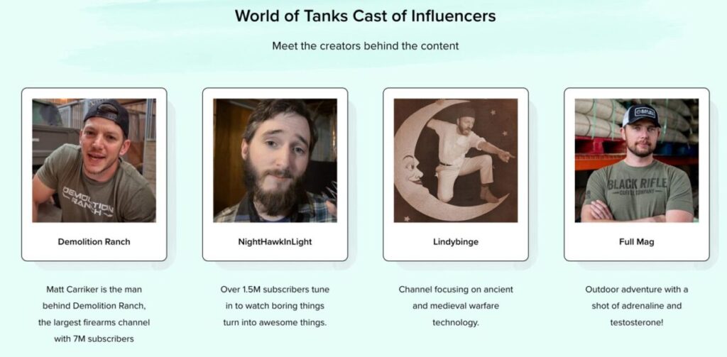 Influencers selected for the World of Tanks campaign