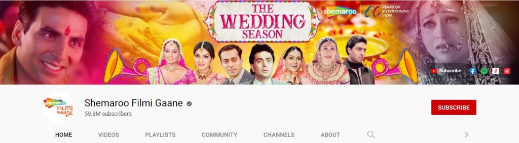 Shemaroo Filmi Gaane one of mmost popular youtube channels