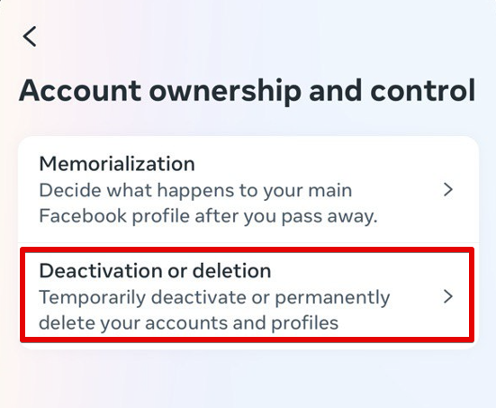 Deactivation or deletion tab Instagram Account