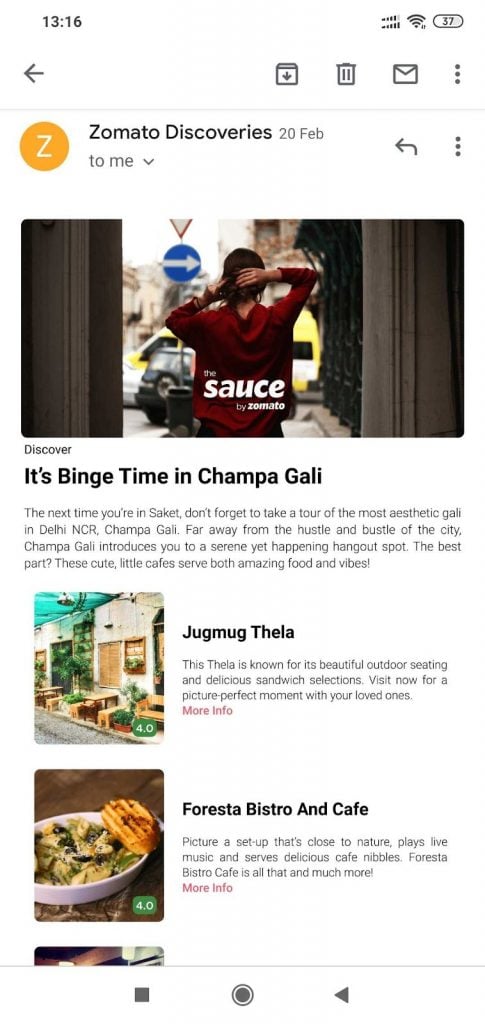 Email example Zomato