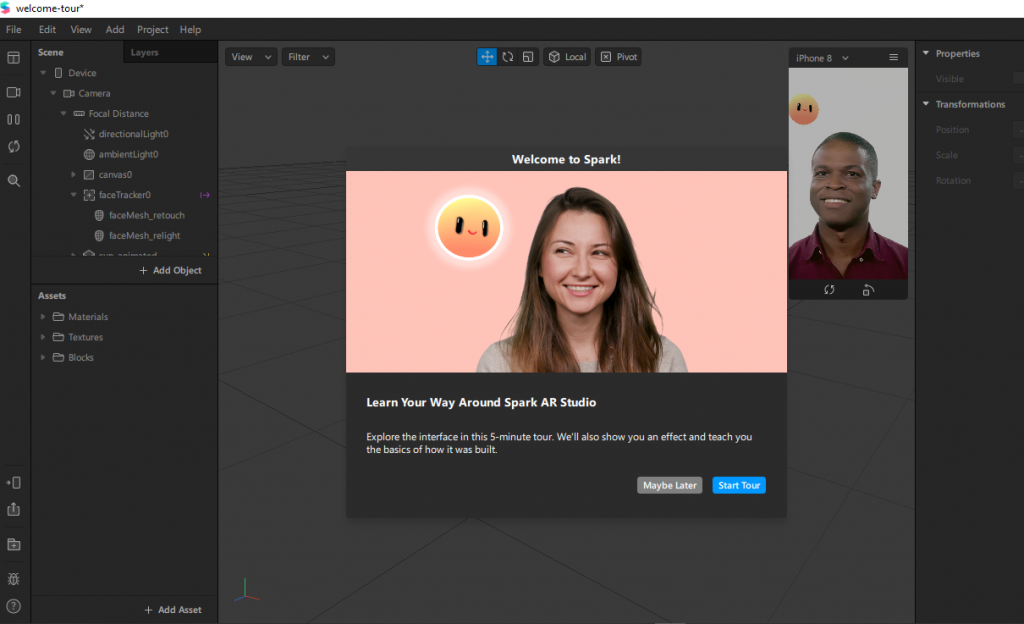 Spark AR Studio comes with a helpful welcome tour