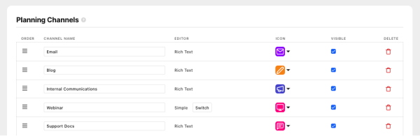 contentcal planning channels option