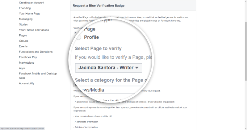 Choose the Page or Profile to Verify