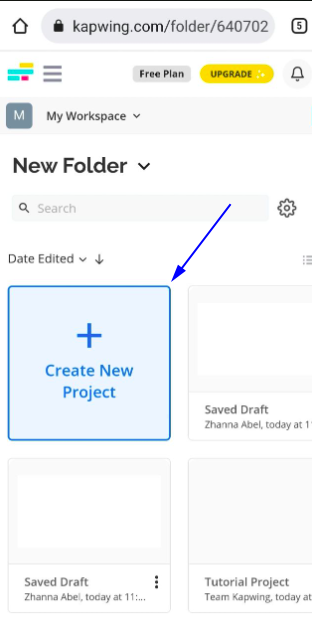 Kapwing Create new project button