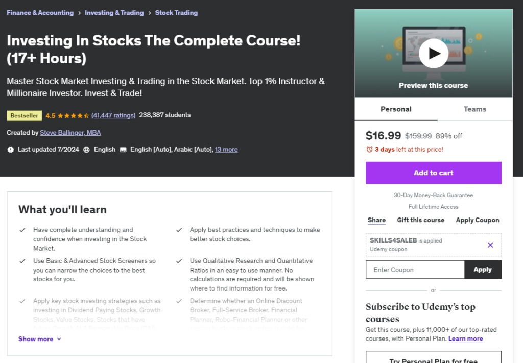 Most Popular Udemy Courses - Investing in Stocks Course