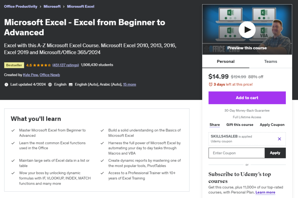 Most Popular Udemy Courses - Microsoft Excel