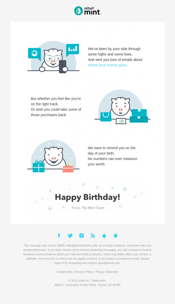 Mint anniversary or birthday emails