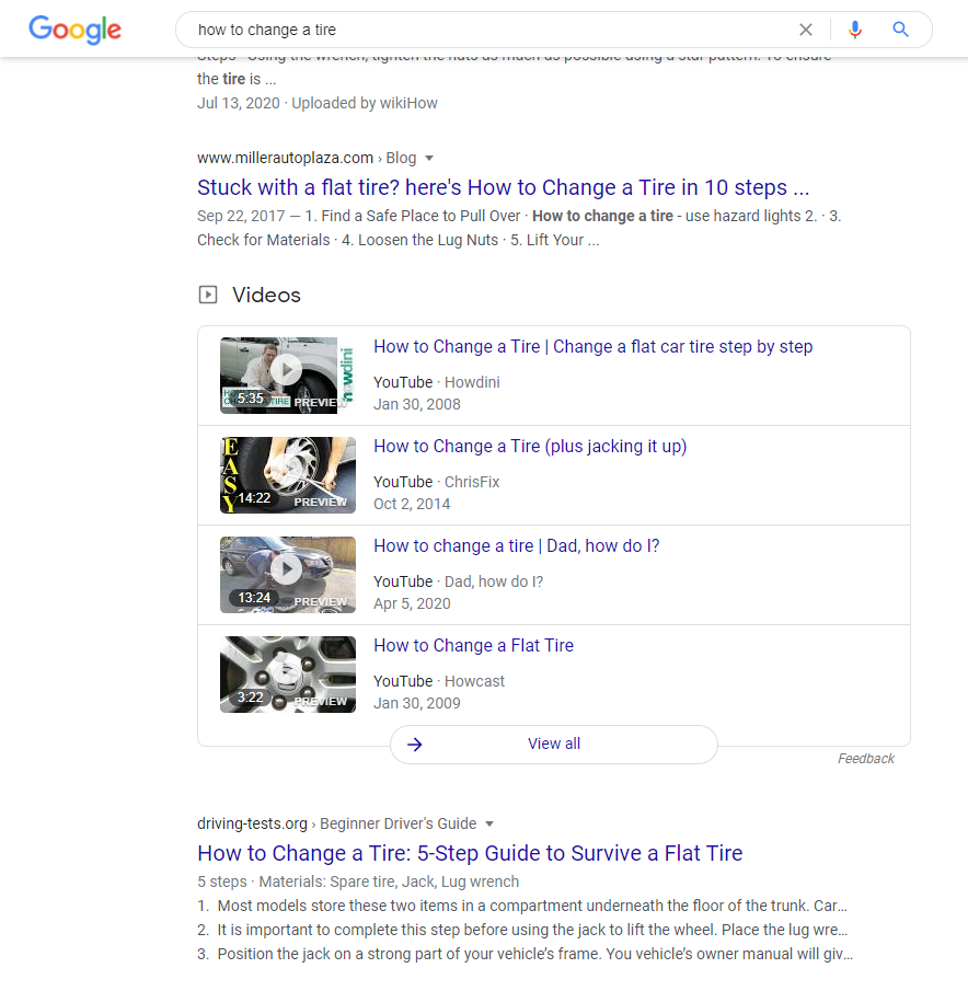 google search showing video results -