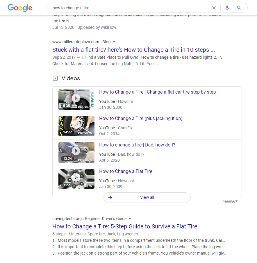 google search showing video results