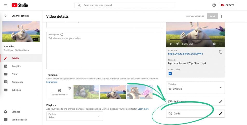 YouTube Studio Cards Option