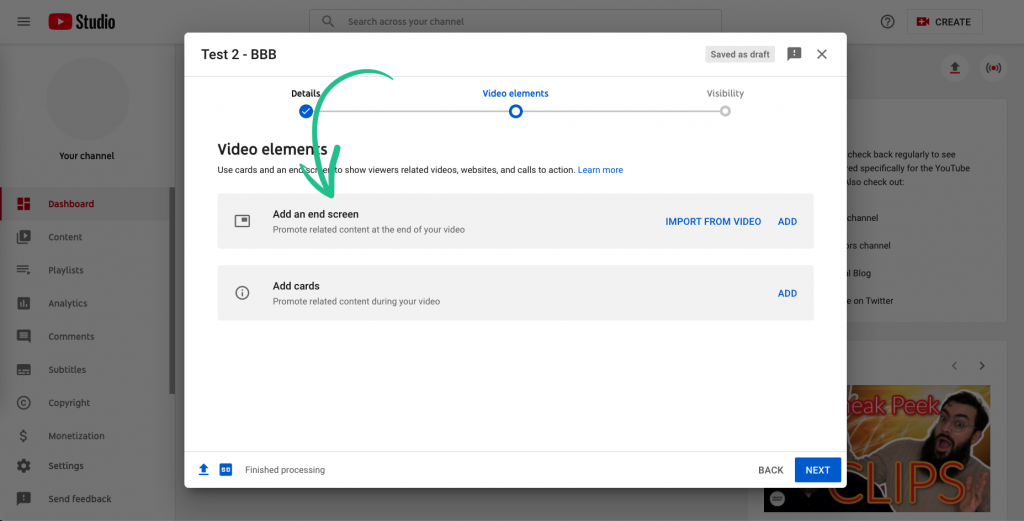 YouTube Studio End Screen Option