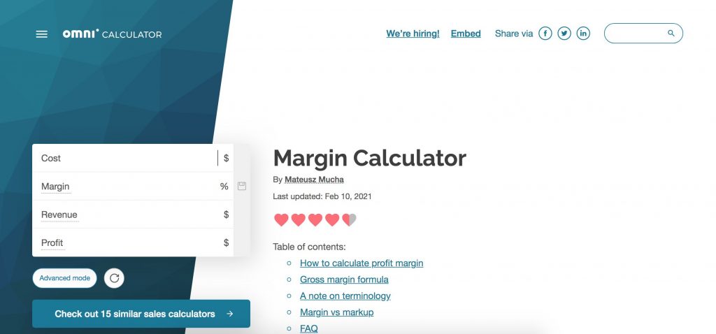 Omni calculator. Margin Calc.