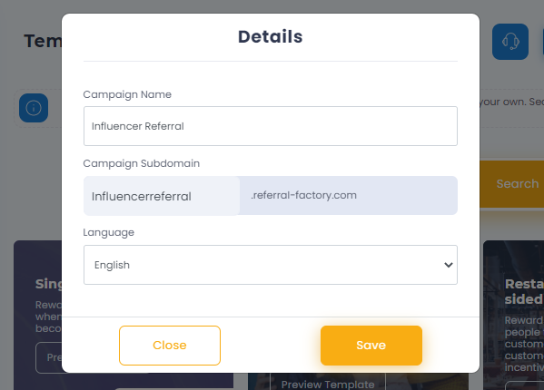 Put Details to your Referral Factory campaign