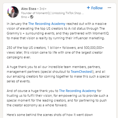 Alex Elsea LinkedIn post