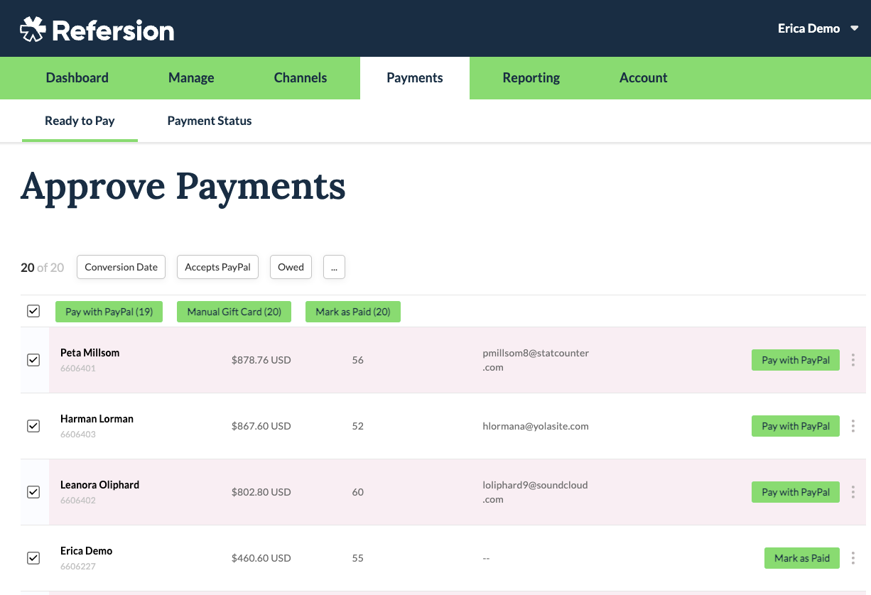 refersion payments dashboard